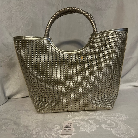 Talbots Handbags - Talbots silver rattan handbag with leather trim and handles